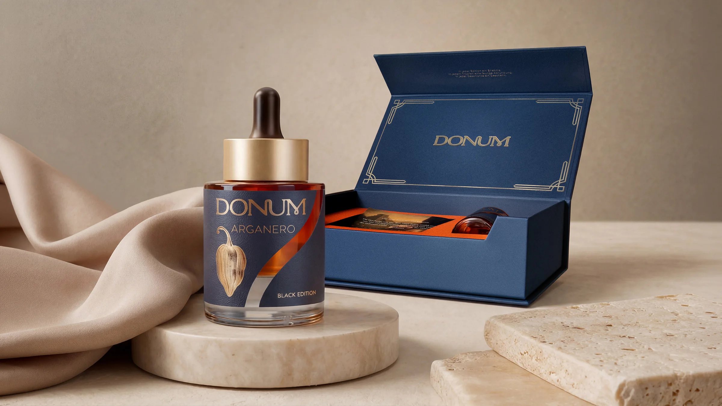 Der ARGANERO Flakon und die geöffnete Geschenkbox
